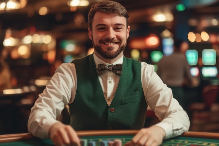 Casino Hold'em table interface showing hole cards, community cards, and payout table